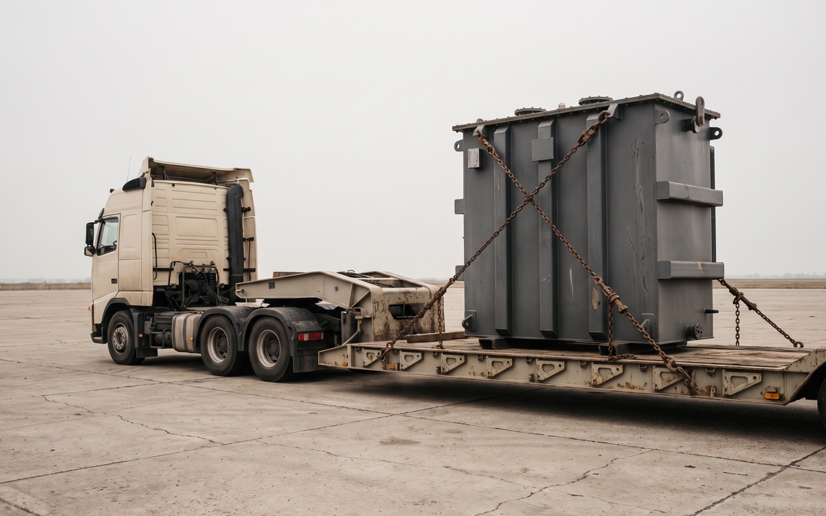 Transformador de potencia asegurado con cadenas sobre una cama baja, en patio industrial